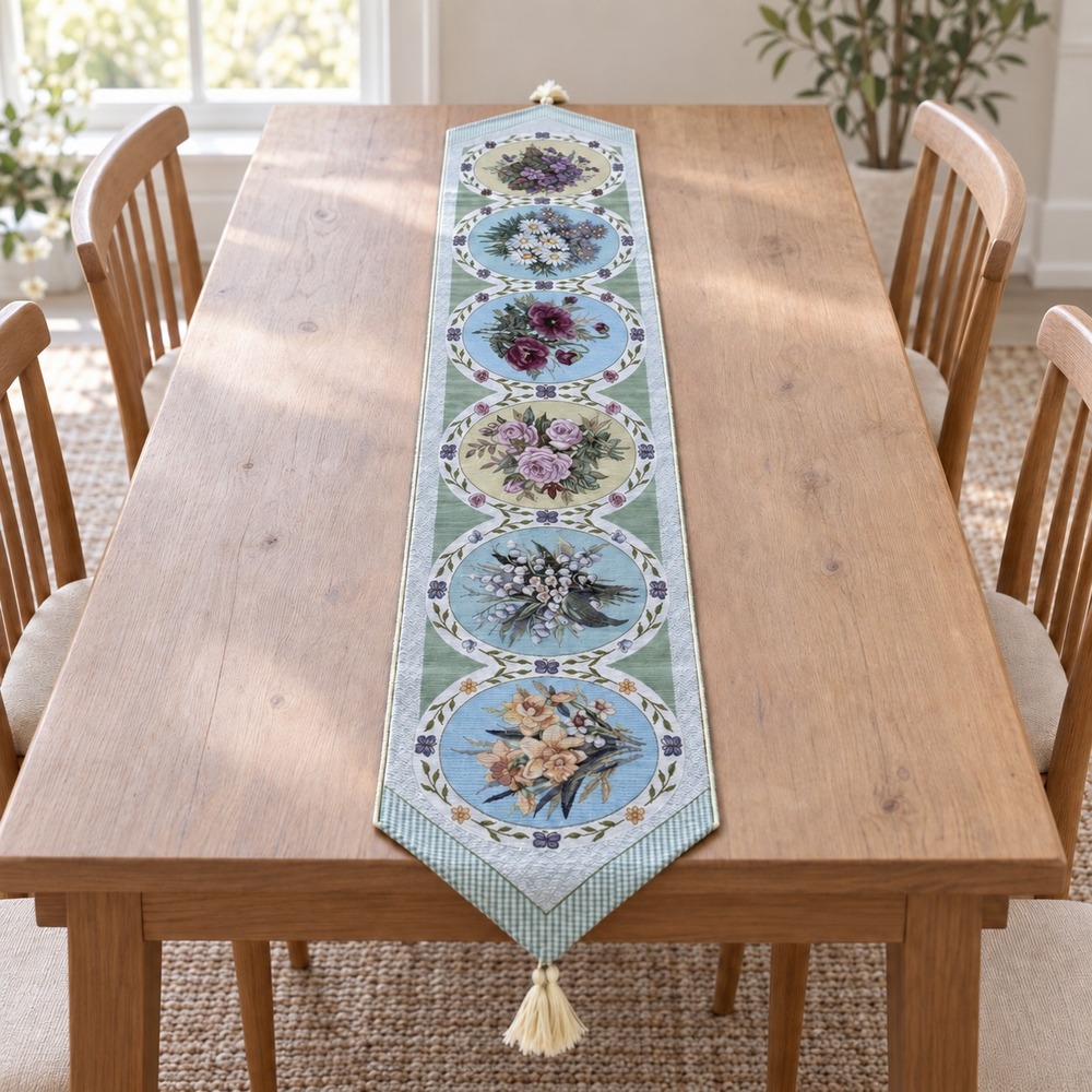 Lena Liu Butterfly Floral Tapestry Table Runner 13" x 72" Tassels Made in USA